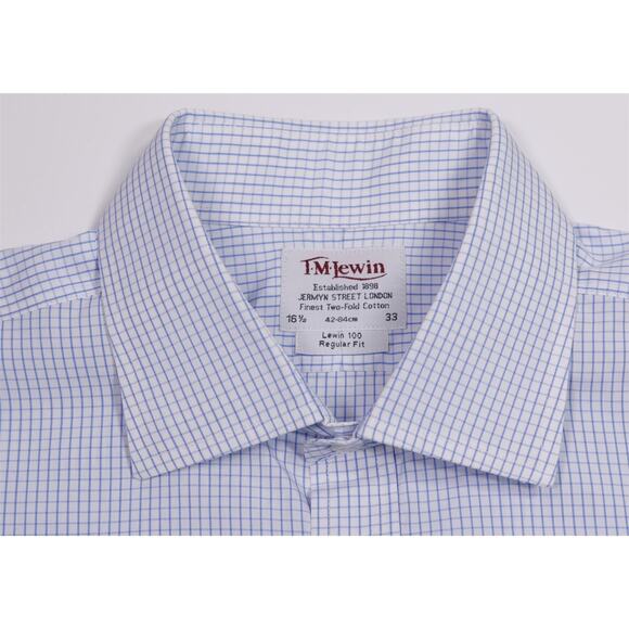 TM Lewin Blue White Checkered Regular Fit 2-Fold Cotton Dress Shirt (42) 16.5-33 - Picture 5 of 6